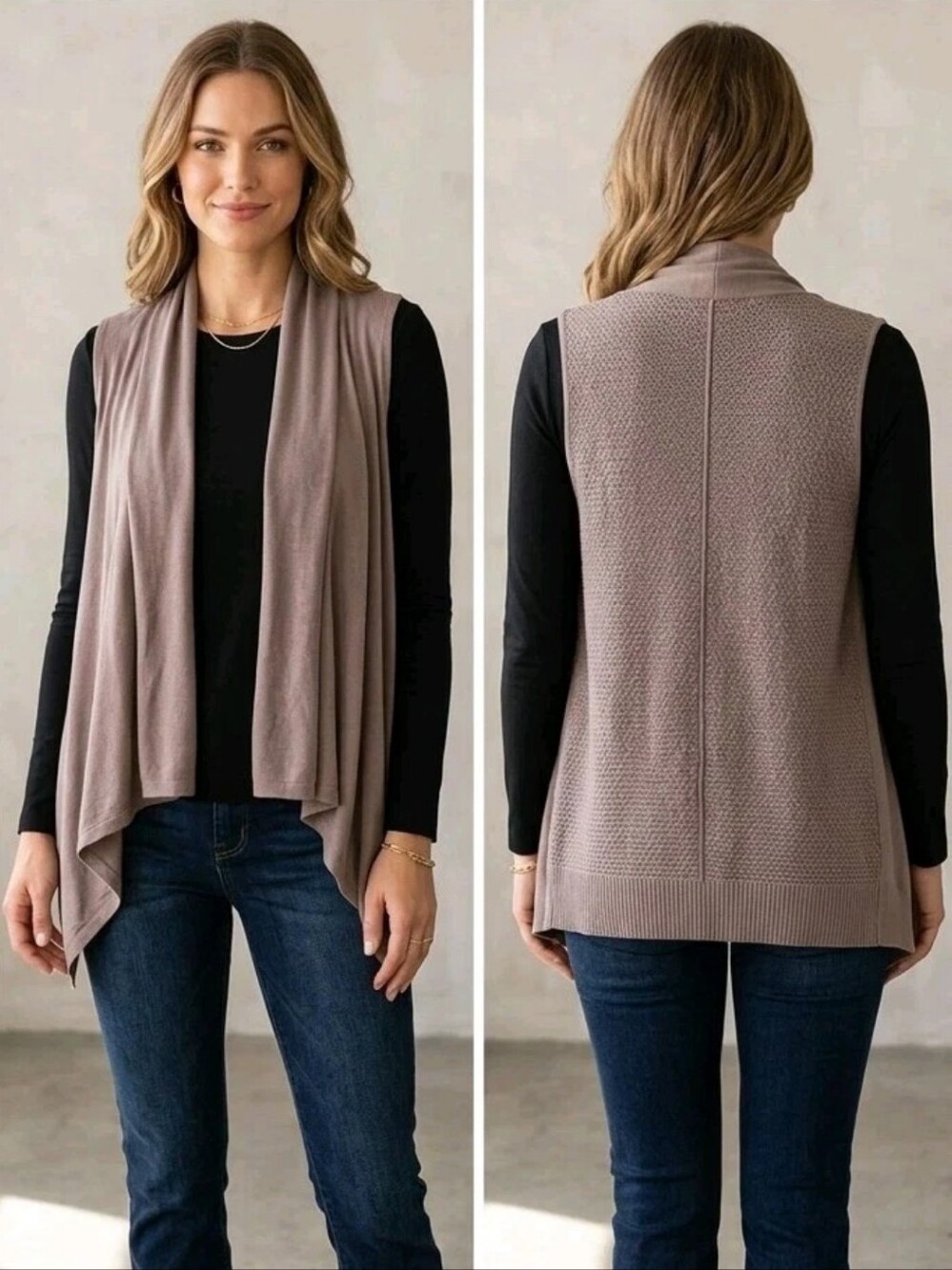 Coldwater Creek Mauve Taupe Open-Front Draped Vest Linen Cotton